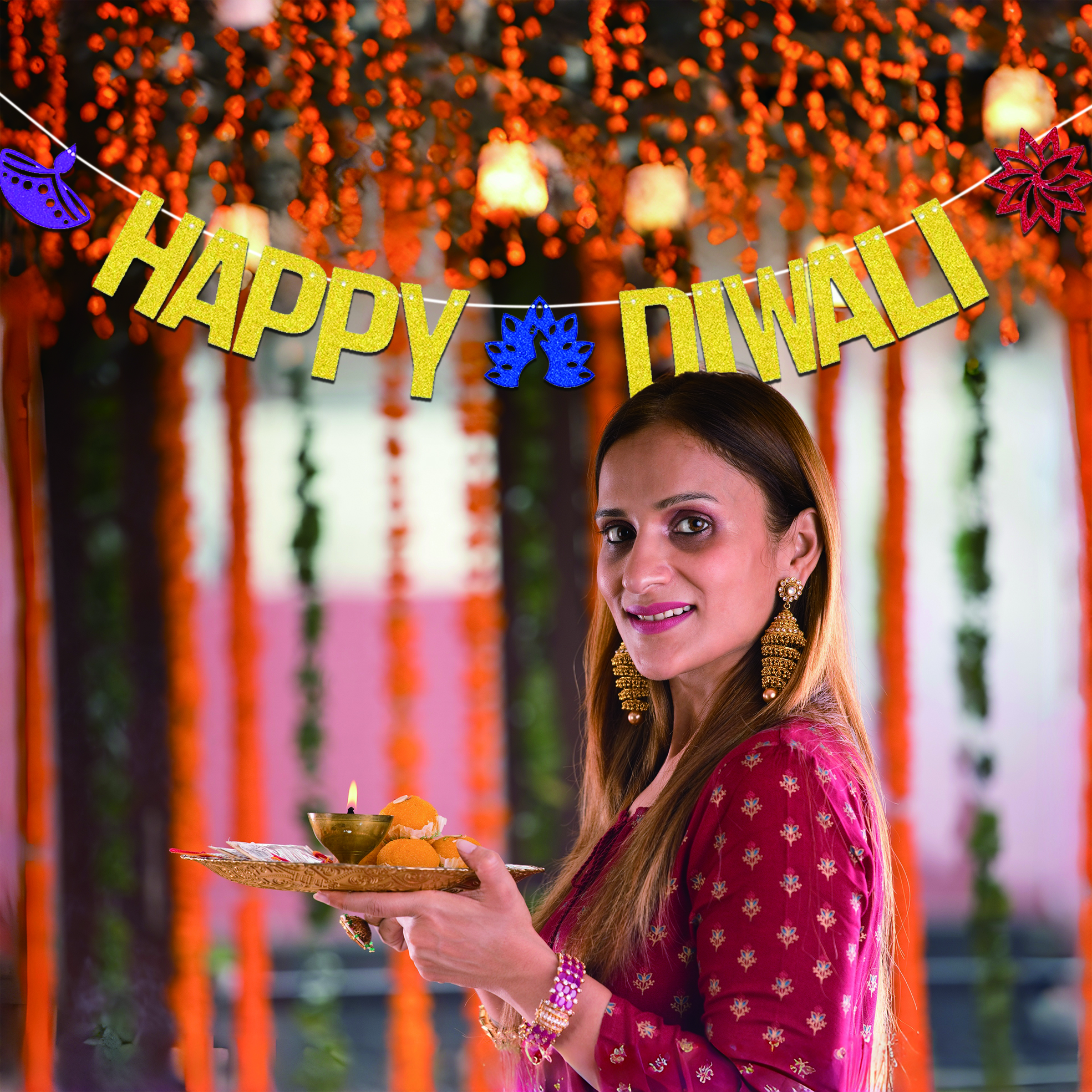 Gold Glitter Happy Diwali Bann - Lighting Decoration For Diwali 评论和价格