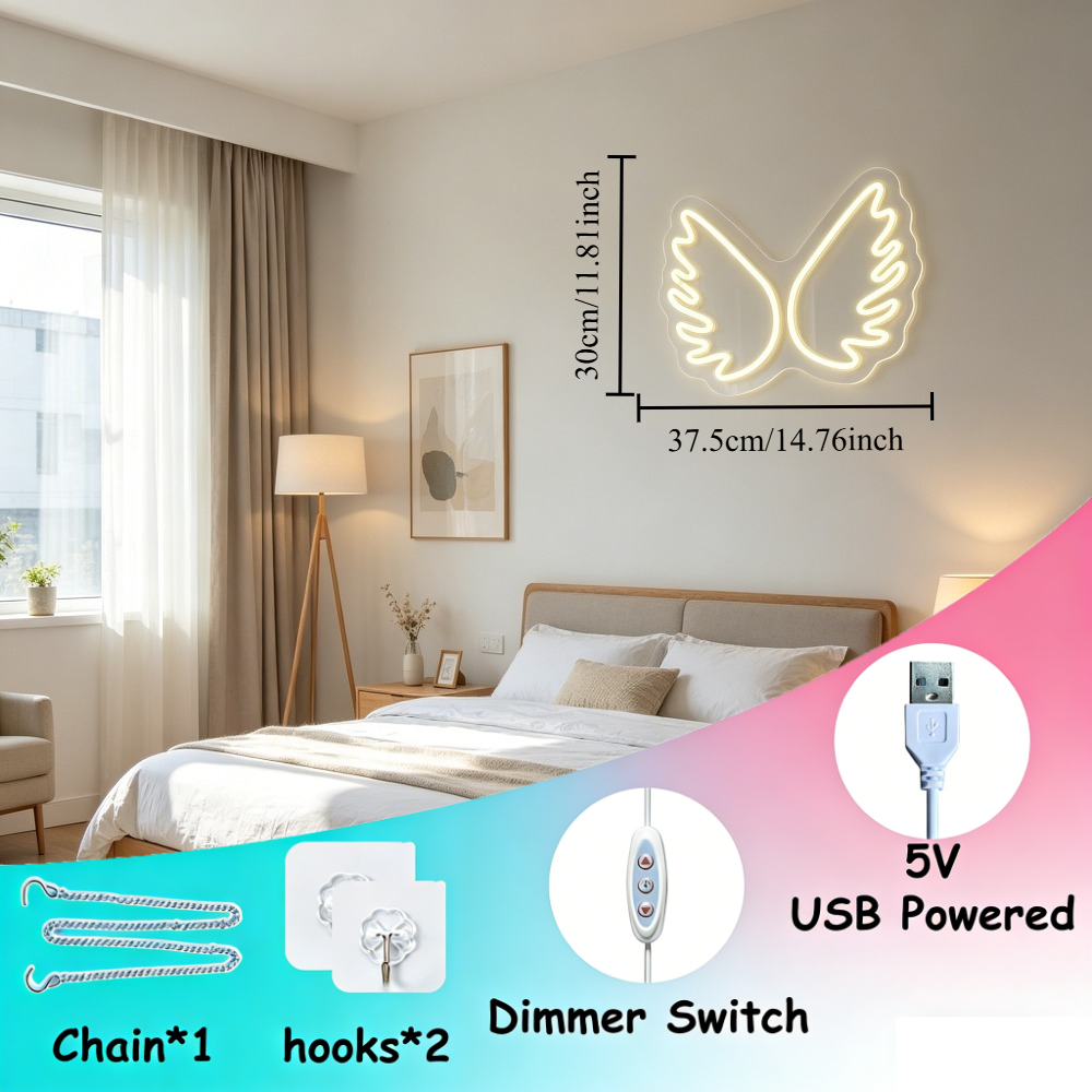 Angel Wings Neon Sign Dimmable - Lighting Room Decor Photo 评论和价格